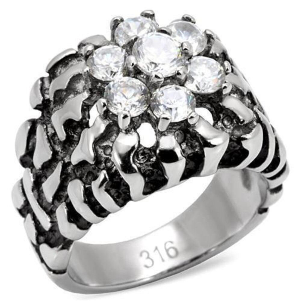 Men's Cubic Zirconia Nugget Ring 7 Stone Cluster Stainless Steel High Polished - Picture 11 of 15